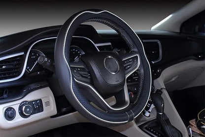 Mayco Bell Universal Standard Size Steering Wheel Cover Anti-Slip,Safety,Soft,Breathable,Durable,Full Surround,Comfortable Grip Microfiber Leather (14.5-15 inch,Black White)