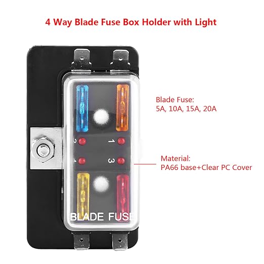 4 Way Circuit BladeBox Block Holder with LED Warning Light Kit for Car Van Boat Marine