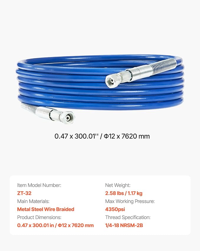 VEVOR 25ft Airless Paint Sprayer Hose, 1/4 in Universal Airless Paint Spray Hose, 4350 PSI High Pressure Flexible Airless Sprayer Hose, Multi-Layer Reinforced Steel Wire Braid Hose for Paint Sprayer
