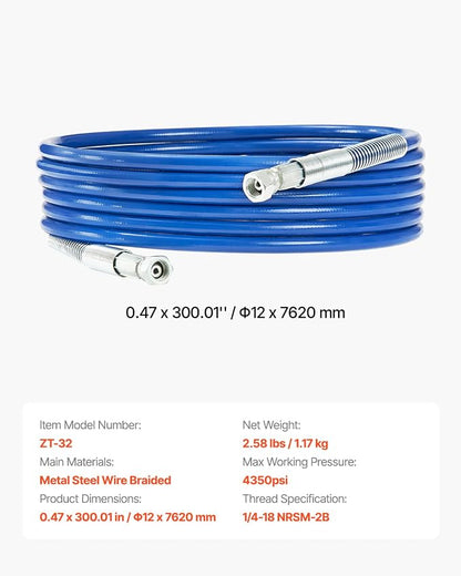 VEVOR 25ft Airless Paint Sprayer Hose, 1/4 in Universal Airless Paint Spray Hose, 4350 PSI High Pressure Flexible Airless Sprayer Hose, Multi-Layer Reinforced Steel Wire Braid Hose for Paint Sprayer