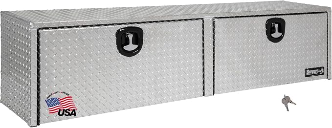 Buyers Products 1701561 Diamond Tread Aluminum Topsider Truck Box with Lockable T Handle Latch, 16x13x96 Inch, Truck Storage and Organizer, Made in the USA, Dual Drop Doors, Compression Latch