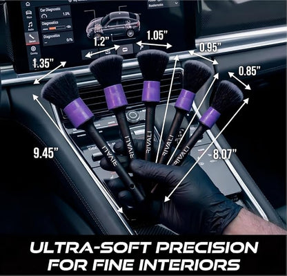 Rivali Car Care Premium 5-Piece Interior Detailing Brush Set - Ultra Soft Scratch-Free Brushes for Leather, Alcantara, Dashboards, Air Vents & Screens - Professional Car Interior Cleaning Kit