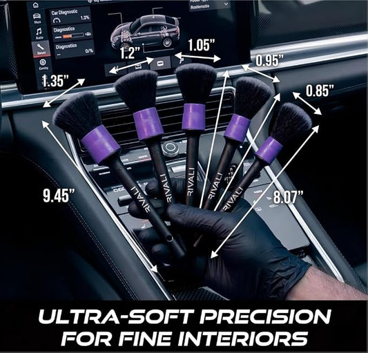 Rivali Car Care Premium 5-Piece Interior Detailing Brush Set - Ultra Soft Scratch-Free Brushes for Leather, Alcantara, Dashboards, Air Vents & Screens - Professional Car Interior Cleaning Kit