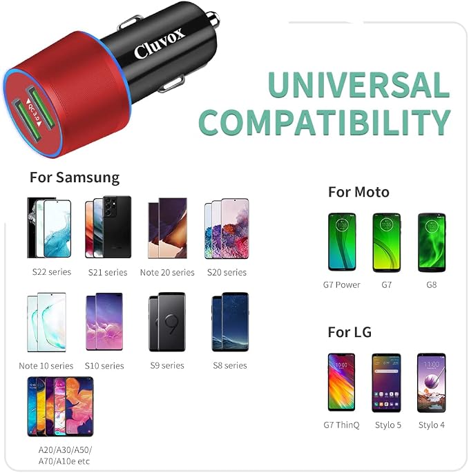 Rapid USB C Car Charger, Compatible for Samsung Galaxy S26/S25 Plus/Ultra/S24/S23/S22/S21/Note 20/S20/S10/S9/A56/A36/A50/A70, Quick Charge 3.0 Dual USB 18W Fast Car Charger+ Type C Cable 3.3ft-Red