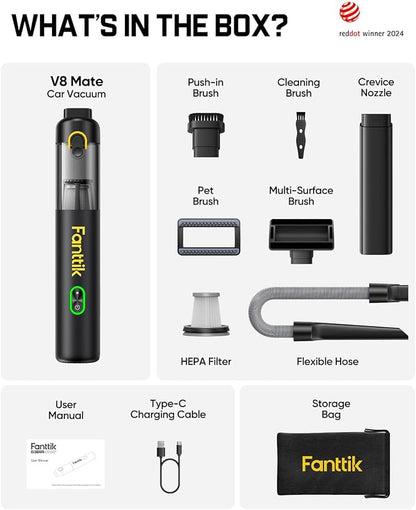 Fanttik V8 Mate Upgraded Cordless Car Vacuum, Portable Mini Vacuum with 13000pa Suction Power, 2 Suction Modes, Type-C Charge, Handheld Vacuum for Car, Small Tasks, Keyboards, Office Desk (Black)