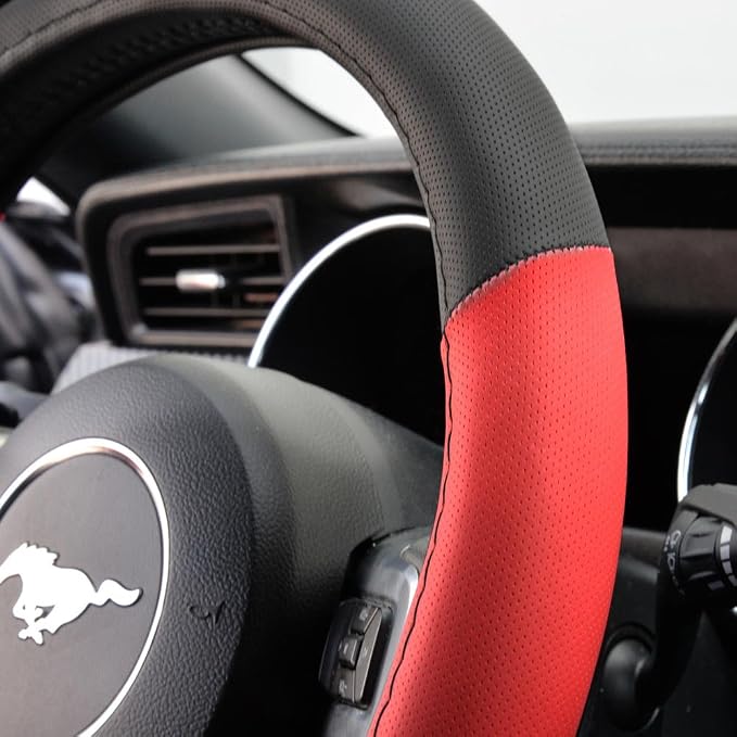 BDK Sporty Two Tone Ergonomic Grip Steering Wheel Cover - Plush Leather Grip for Standard Size Wheels 14.5-15 inch Red/Black