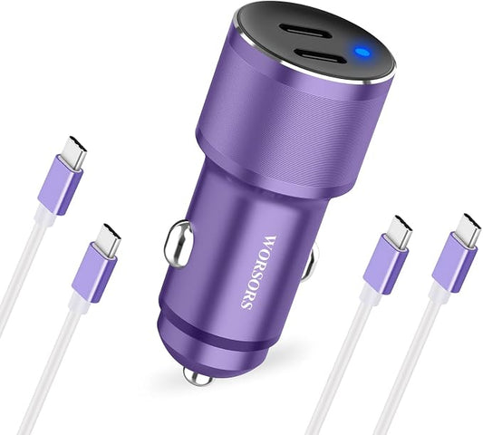 Purple Dual 45W USB C Car Charger, 90W Max Super Fast Charging, All Metal 12V Cigarette Lighter Adapter for iPhone 17 Pro Max/16/15/iPad, Samsung Galaxy S26/S25, Google Phone with 2 Type C Cable 3.3ft