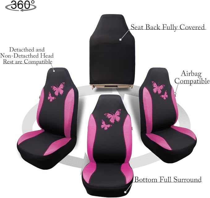 Flying Banner Butterfly car seat Covers ful Set Fashion Universal Lady Woman Female Rear Bench Split Colorized (2 Fronts, Pink)