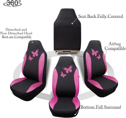 Flying Banner Butterfly car seat Covers ful Set Fashion Universal Lady Woman Female Rear Bench Split Colorized (2 Fronts, Pink)