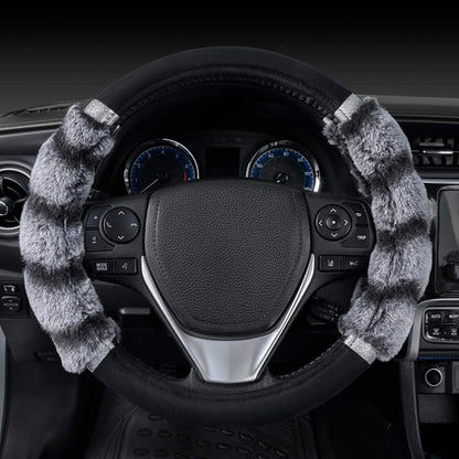 BDK Bear Fur Plush Steering Wheel Cover - Cute Faux Wool Protector for Women Girls Fits Wheels 14.5-15 inch Bear Fur - Black/Gray with Glitter