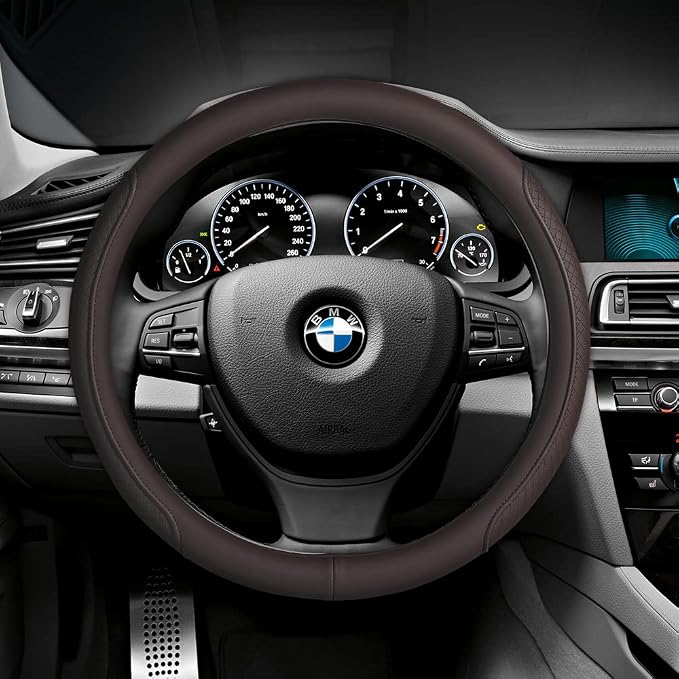 Microfiber Leather Steering Wheel Cover with Classic Embossing, Anti-Slip Breathable Auto Car Wheel Protector, 15 Inch, Coffee