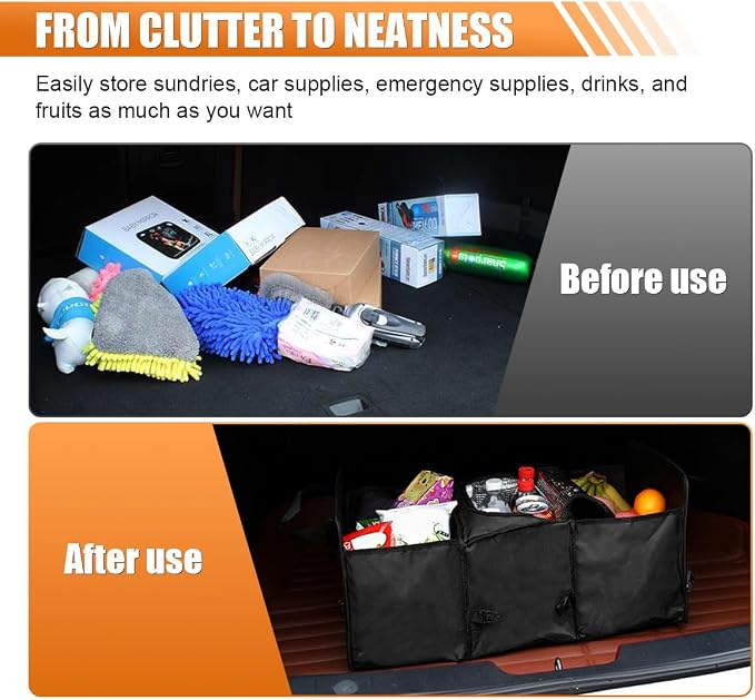 Car Trunk Organizer, Oxford Fabric Waterproof & Anti-Slip Vehicle Storage Box with Leak Proof & Insulated Cooler Bag, Large Capacity Foldable Auto Storage Box for Car, SUV, Truck (Black)