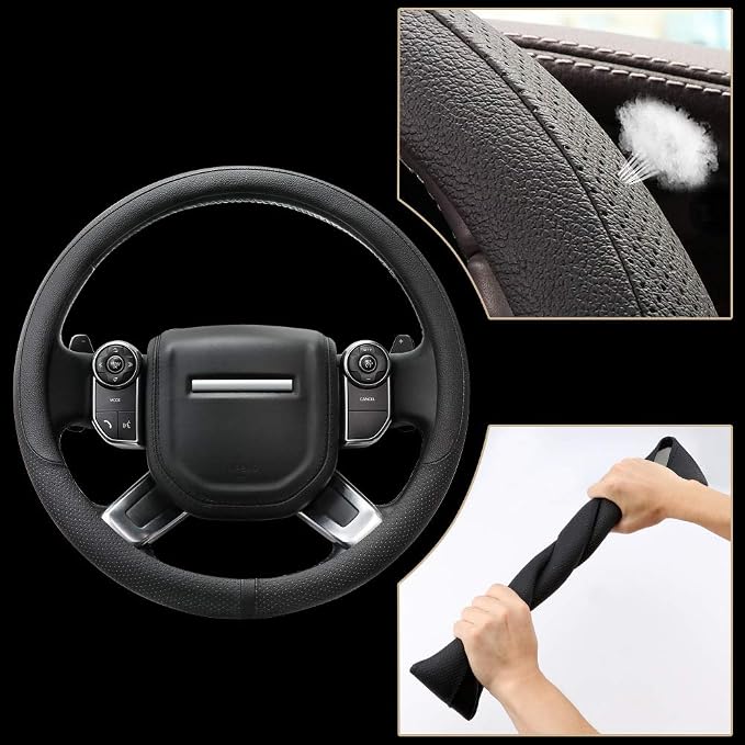 COFIT Breathable Car Steering Wheel Cover 16 inch Auto Universal Leather Wrap Non-Slip Steeringwheel Protector Automotive Interior Accessories, Black (Suit for 15 1/2-16 inch)