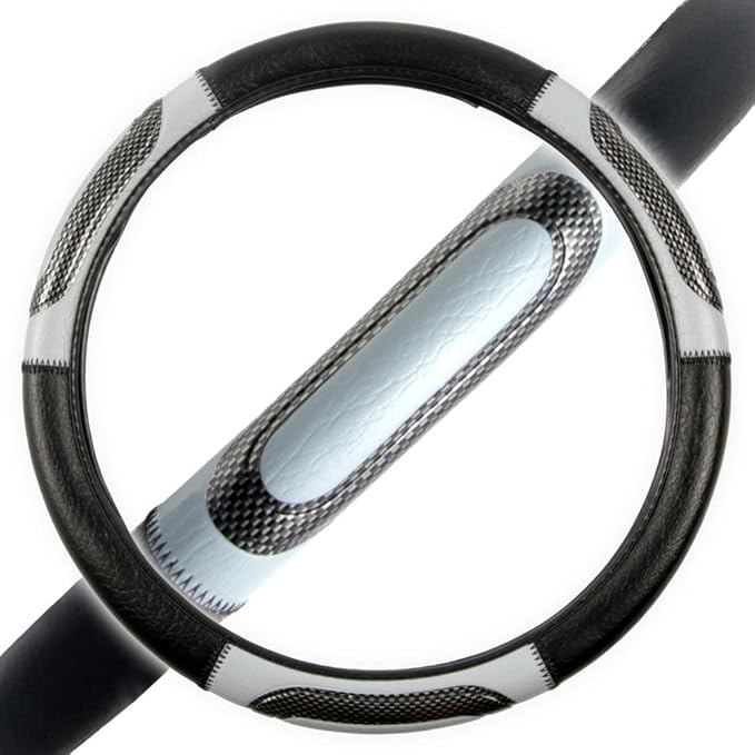 BDK Sporty Two Tone Ergonomic Grip Steering Wheel Cover - Carbon Fiber Grip for Standard Size Wheels 14.5-15 inch Gray/Black