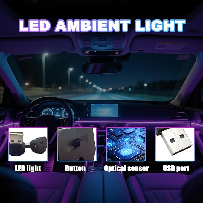 2PCS USB LED Car Interior Atmosphere Lamp, Portable Mini Vehicle Ambient Lighting Kit, Plug-in USB Interface Automotive Night Light Decor Accessories, Universal Fit