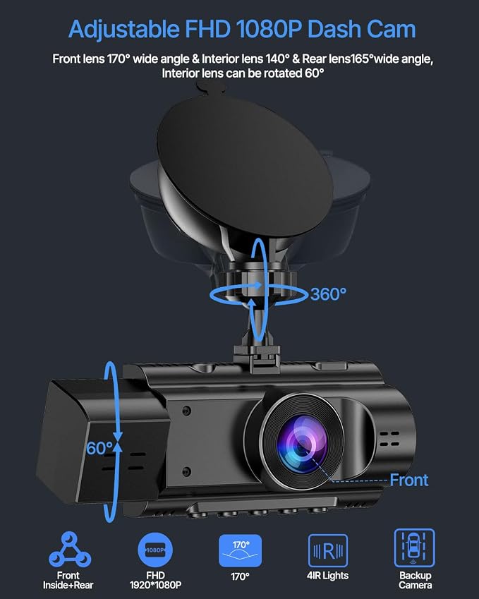 3 Channel Dash Cam Front and Rear Inside with 64GB SD Card, 1080P+720P+720P Car Dash Camera for Cars Front and Rear, Dashcam with G-Sensor, Loop Recording, 24H Parking Mode, Night Vision