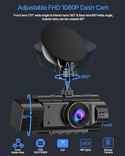 3 Channel Dash Cam Front and Rear Inside with 64GB SD Card, 1080P+720P+720P Car Dash Camera for Cars Front and Rear, Dashcam with G-Sensor, Loop Recording, 24H Parking Mode, Night Vision