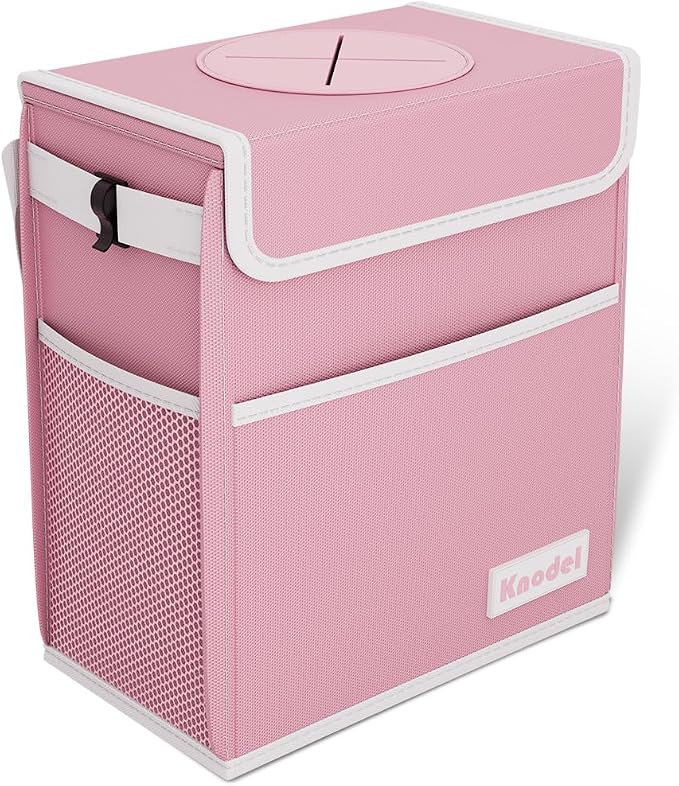 K KNODEL Car Trash Can, Waterproof Garbage Bag with Lid, Leak-Proof Trash Bin, Car Bin Hanging (Pink, Large)