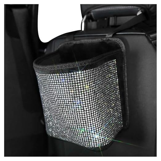 Bling Rhinestones Car Trash Can, Car Seat Back Organizer Trash Bag Auto Garbage Can Hanging Container Waste-Basket - White