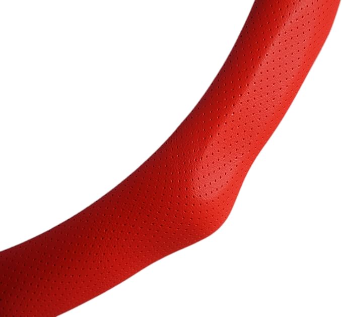 Quick Install Sporty Red Perforated Nappa Leather Steering Wheel Cover Anti-Slip Universal fit 14 ½ to 15 inches Car SUV Pickup Steering Wheel