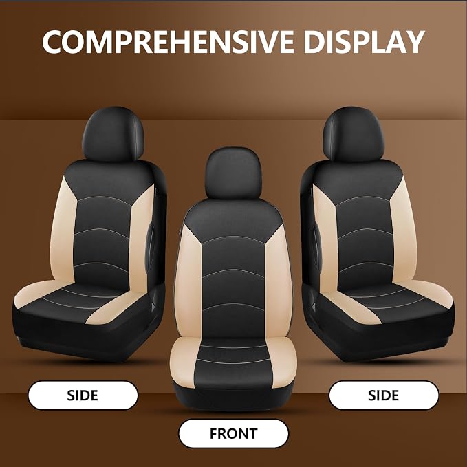 HChengkikz Car Seat Covers Front Seat, Waterproof Neoprene Seat Covers, Airbag Compatible, All Season Protection Universal Fit Most Cars, Trucks, SUVs (Black + Beige)