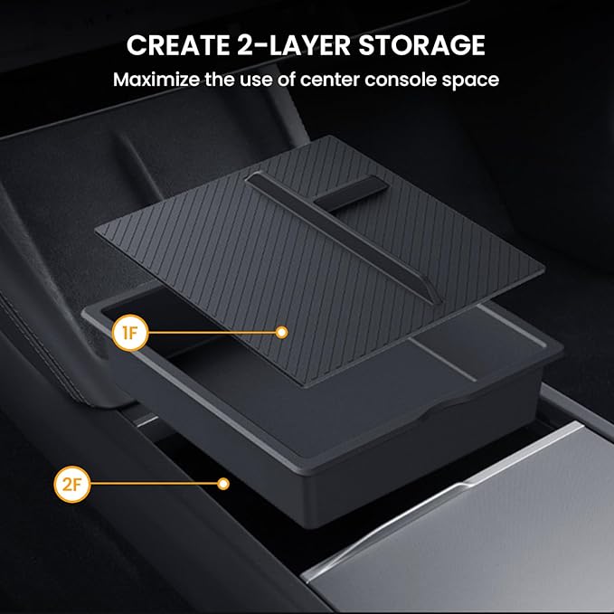 BANKKY Center Console Organizer for Tesla Model 3 Highland 2024-2026 & Model Y Juniper 2025-2026, 2PCS Armrest Storage Tray with Anti-Slip Liner, ABS Black Tesla Accessories