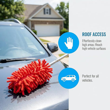 2PCS Car Interior Duster with Extension Pole, 9.45" to 28.35" Microfiber Soft Vehicle Dash Dusting Detailing Wash Brushes, Automotive Dash Cleaning Tool, Universal for SUV RV Truck (Red)