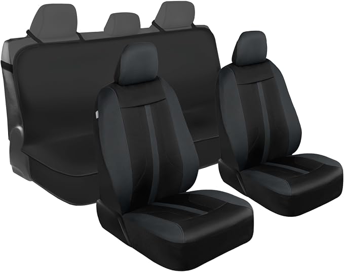 Motor Trend Front & Rear Car Seat Covers Full Set - Charcoal Cloth Bucket Seat Covers for Front Seats + Waterproof Rear Split Bench Cover – Universal Fit for Car Truck SUV Van Interior Protection