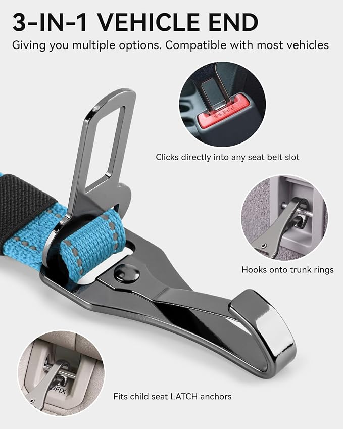 Joytale 3-in-1 Bungee Dog Seat Belt for Car, Safe & Distraction-Free Travel with Reinforced Swivel Carabiner, Shock Absorbing & Tangle-Free Nylon Tether for Medium Large Dogs, Sky Blue