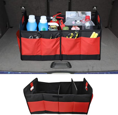 Car Trunk Organizer, Large Capacity Oxford Cloth Car Storage Box, Collapsible Multi-Compartment Organization Container, Waterproof Auto Interior Storage Accessories (Red)