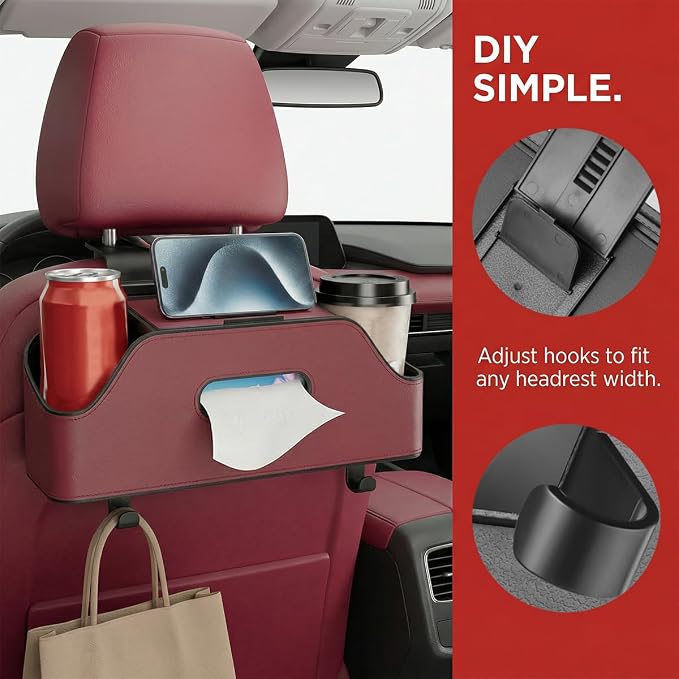 Car Backseat Headrest Organizer, Multifunctional 4-in-1 Back Seat Tissue Box with Cup Holders Hooks, Auto Seat Back Storage Organizer for Hold Phones, Drinks, Bags, Universal Fit (Red)