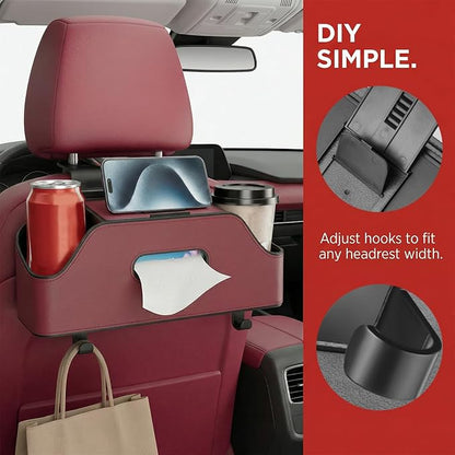 Car Backseat Headrest Organizer, Multifunctional 4-in-1 Back Seat Tissue Box with Cup Holders Hooks, Auto Seat Back Storage Organizer for Hold Phones, Drinks, Bags, Universal Fit (Red)