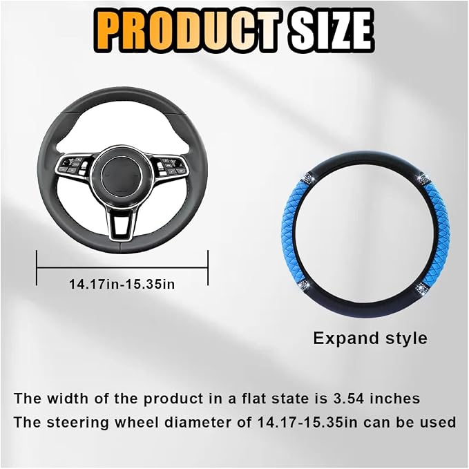 Bling Soft Leather Steering Wheel Cover, 15 Inch Colorful Rhinestones Auto Elastic Protector with Crystal Diamond for Women Girls, Car Accessories for Most Cars, SUVs (Blue)