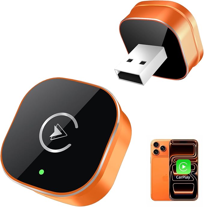 【2026 Upgarded】 Wireless CarPlay Adapter for iPhone, Mini USB Design for Cars with Wired CarPlay, Fast Connection,5.8GHz WiFi, Compatible with iOS 10+ & iPhone 6+, USB/Type C,Plug and Play（Orange）