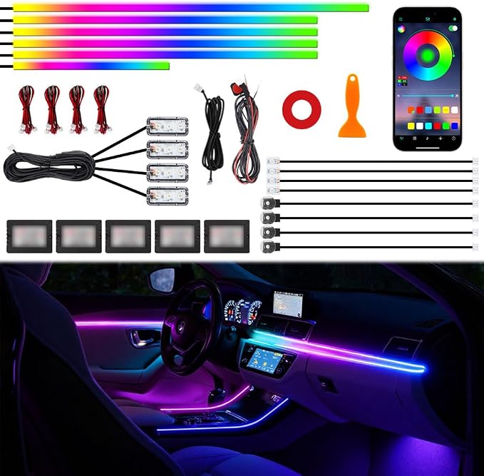 Acrylic Interior Car Ambient Lighting Kits, LED Strip Lights with Wireless APP, Neon Fiber Optic Lights Function LED Strip for Car with Music Modes (18 in 1)
