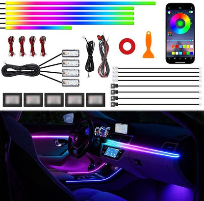 Acrylic Interior Car Ambient Lighting Kits, LED Strip Lights with Wireless APP, Neon Fiber Optic Lights Function LED Strip for Car with Music Modes (18 in 1)