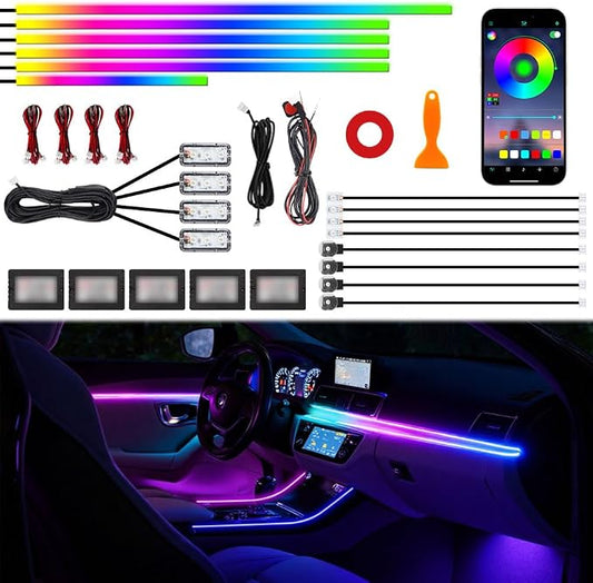 Acrylic Interior Car Ambient Lighting Kits, LED Strip Lights with Wireless APP, Neon Fiber Optic Lights Function LED Strip for Car with Music Modes (18 in 1)