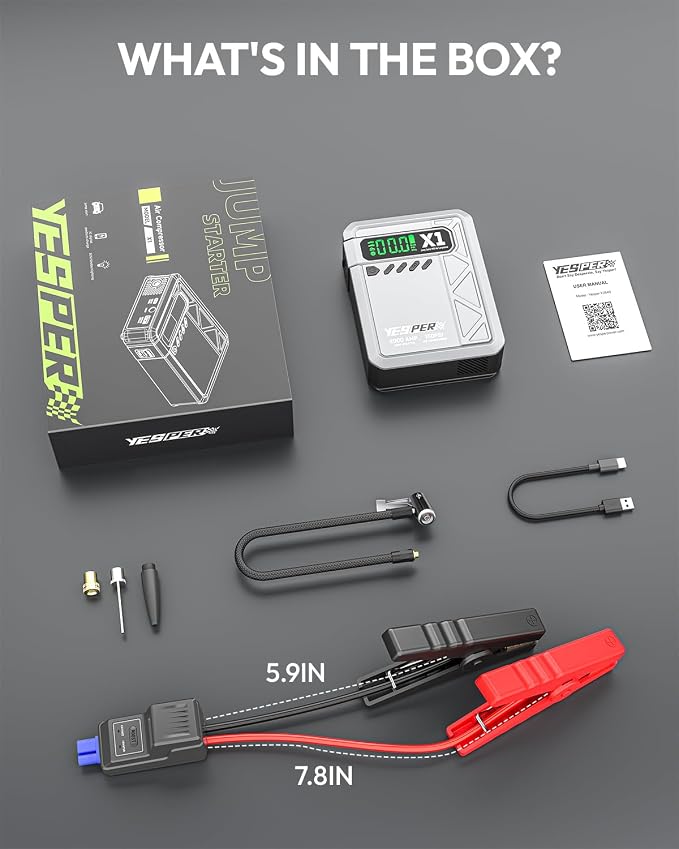 YESPER Jump Starter with Air Compressor 2000A 150PSI Battery Jumper Starter Portable(8L Gas/6L Diesel), 12V Car Jump Pack Battery Charger Jump Box with Jumper Cables, LCD Display, Lights(Grey)
