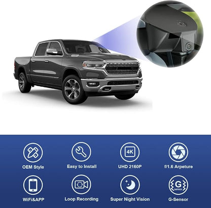 Fitcamx 4K Dash Cam Suitable for RAM 1500 TRX Classic (Model A) 2019 2020 2021 2022 2023 2024 Rebel Big Horn Laramie, OEM Look, UHD 2160P Video, WiFi&APP, Loop Recording G-Sensor, Plug&Play, 64GB Card