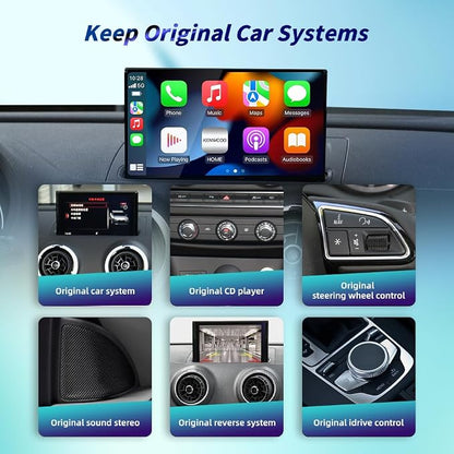 Wireless Carplay Android Auto Adapter for Audi A3 A4 A5 S3 B9 Q7 2014-2018 | MIB/MIB2 Retrofit Kit with Navigation, Music, Siri, OEM Knob Control, Camera Input