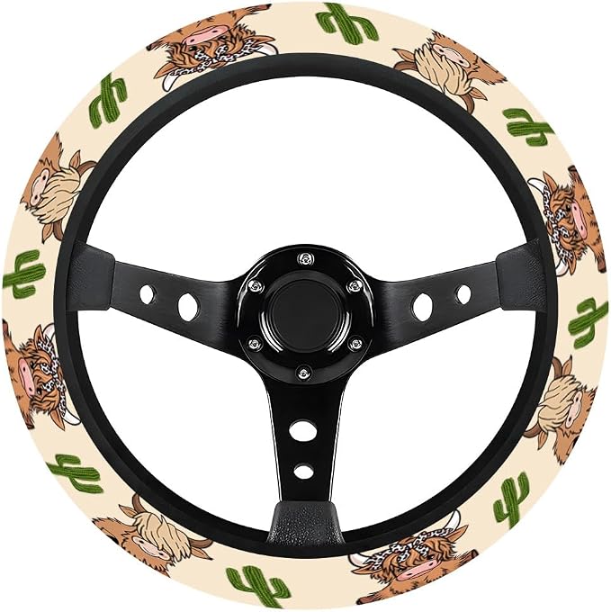 GENANY Cute Highland Cow Steering Wheel Cover, Non Slip Polyester Car Wheel Protector for Car SUV Truck, Universal 15 Inch