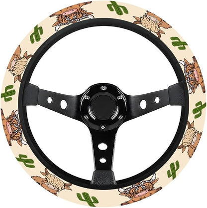 GENANY Cute Highland Cow Steering Wheel Cover, Non Slip Polyester Car Wheel Protector for Car SUV Truck, Universal 15 Inch