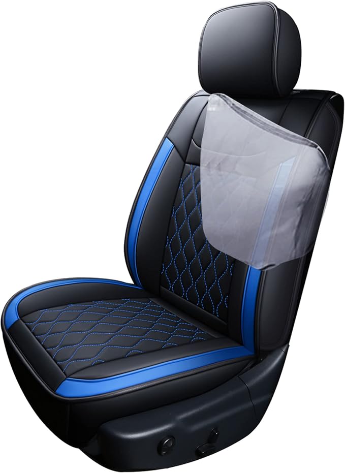 Huidasource Grand Cherokee Seat Covers, Waterproof Leather Customized Car Seat Cushion Covers, Full Set Seat Protector Compatible with Grand Cherokee 2011-2022, (5 Pcs Full Set/Black&Blue)