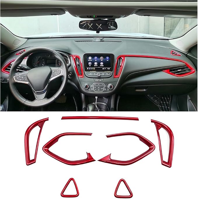 Car Center Console Air Conditioning Air Vent Outlet Trim Cover Kit for Chevrolet Chevy Malibu 2016-2024, ABS Dashboard Side A/C Vent Frame Panel Protective Cover Interior Decorative Accessories (Red)