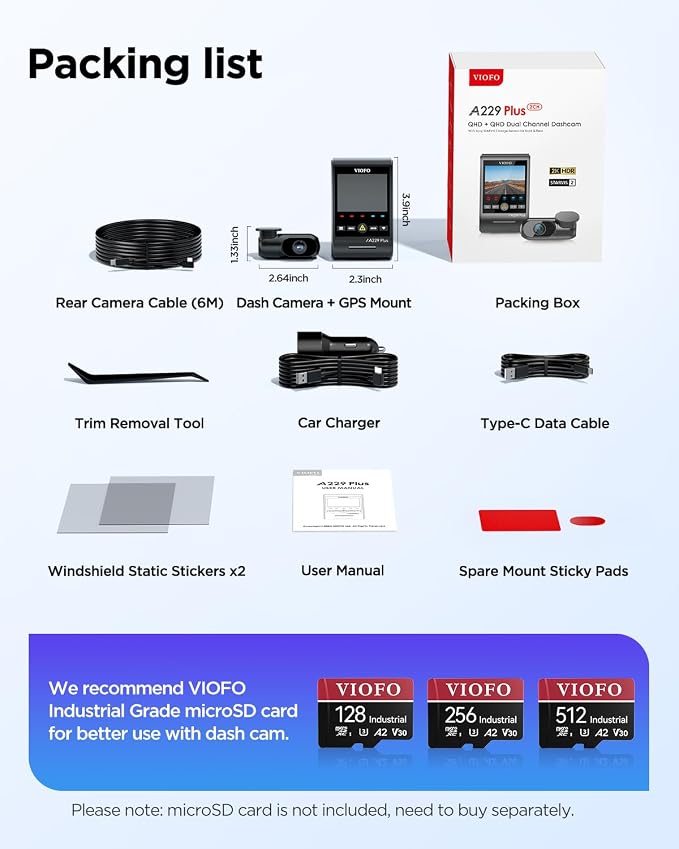 VIOFO A229 Plus Dash Cam Front and Rear, Dual STARVIS 2 Sensors, 2 Channel HDR, 1440P+1440P Voice Control Car Dash Camera, 5GHz Wi-Fi, Voice Control, Ultra-Precise GPS