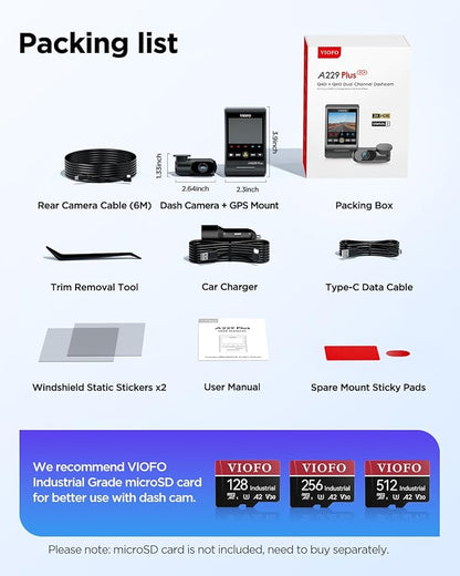 VIOFO A229 Plus Dash Cam Front and Rear, Dual STARVIS 2 Sensors, 2 Channel HDR, 1440P+1440P Voice Control Car Dash Camera, 5GHz Wi-Fi, Voice Control, Ultra-Precise GPS