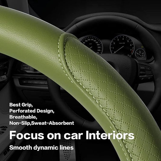 Steering Wheel Cover - Microfiber Leather with Classic Embossing, Anti-Slip Breathable Fit 15 Inch Wheel Protector (Green)