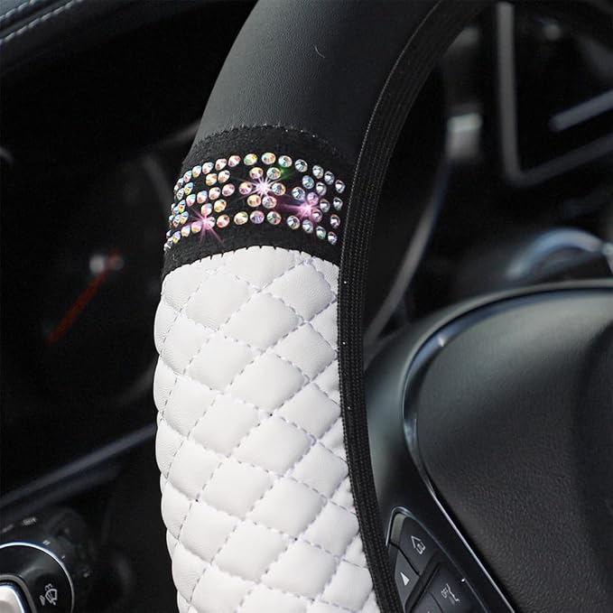 Osilly Bling Car Steering Wheel Cover, 15 Inch Rhinestones Soft Leather Elastic Steering Wheel Protector, Sparkly Crystal Diamond for Women Girls (White)