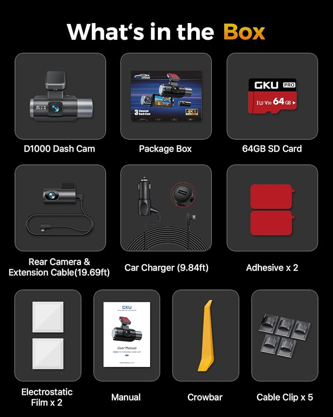 GKU 4K 3 Channel Dash Cam Front and Rear Inside, 3" IPS Screen, 5.8GHz WiFi Dash Camera for Cars, Built-in GPS, G-Sensor, 64GB Card Included, 24H Park Mode