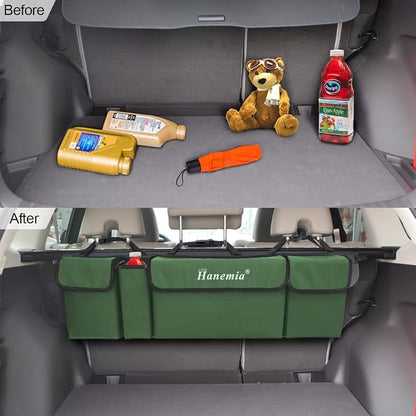 Car Trunk Organizer and Storage, Backseat Hanging Organizer for SUV, Truck, MPV, Waterproof, Collapsible Cargo Storage Bag with 4 Pockets, Car Accessories for Men and Women (Army Green)